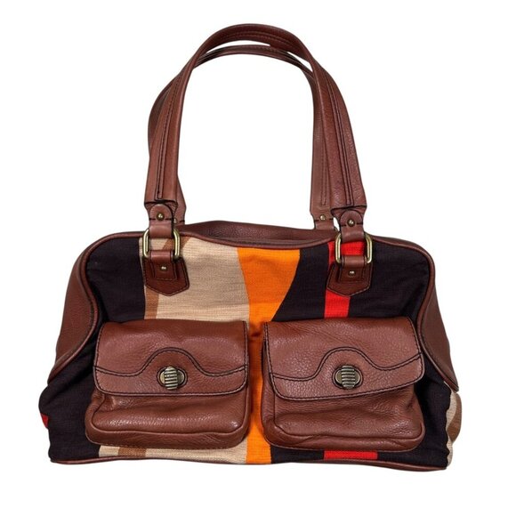 Cole Haan Handbags - Cole Haan Handbag Brown Leather Canvas Retro Striped Colorblock Boho